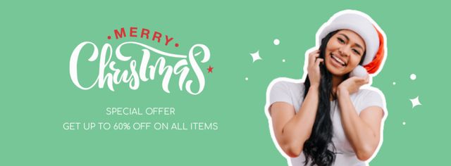 Christmas Promotion With Happy Woman in Santa Hat Facebook cover Modelo de Design