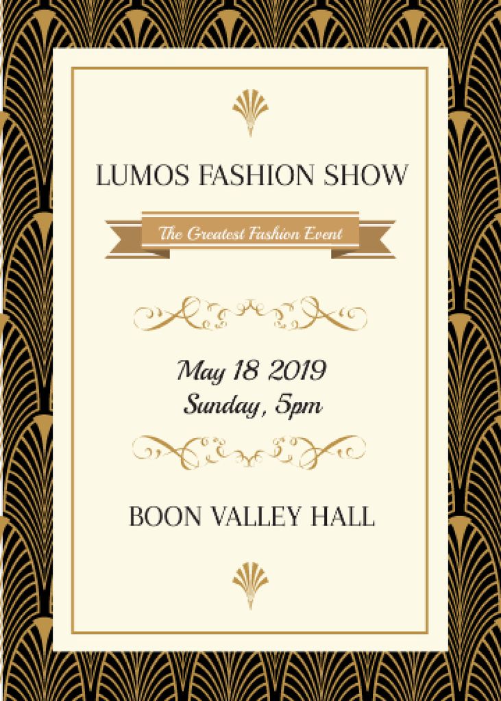 Plantilla de diseño de Fashion Show invitation Golden Art Deco pattern Invitation 