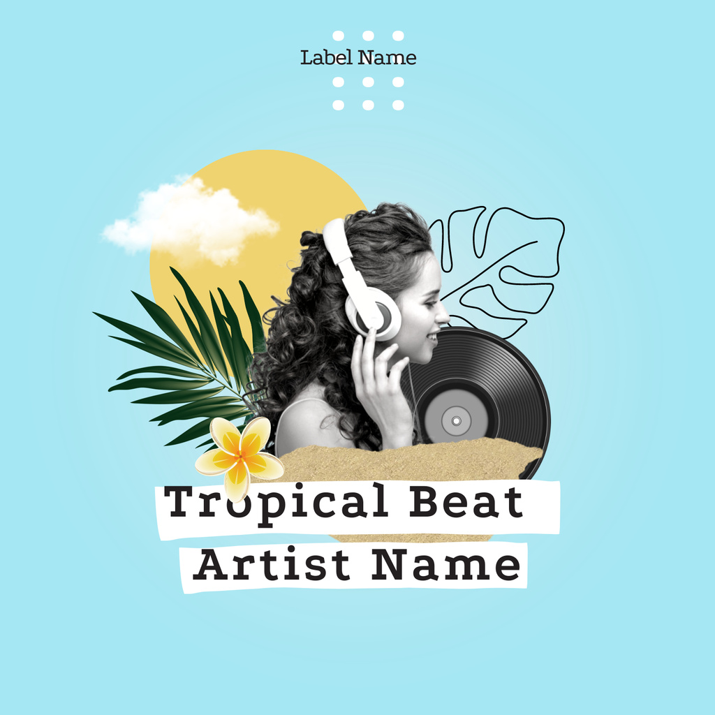 Collage with woman in headphones and tropical plants on blue background with text Album Cover Tasarım Şablonu