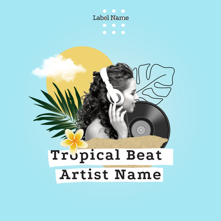 Collage with woman in headphones and tropical plants on blue background with text Album Cover Design Template