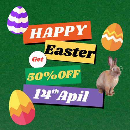 Easter Sale Ad with Colored Eggs and Cute Rabbit Instagram Design Template