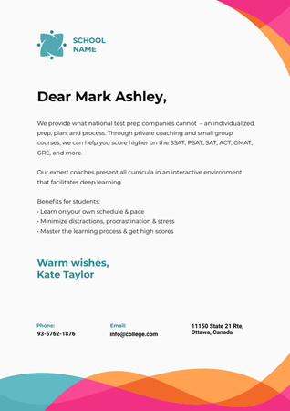Letter From School With Description Of Tests And Programs Letterhead Design Template
