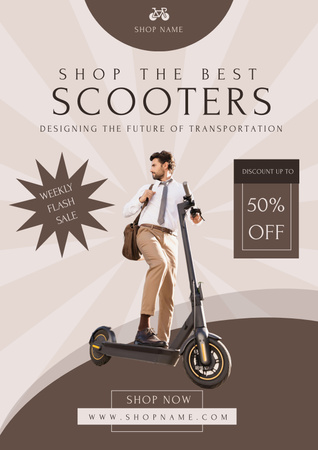 Modèle de visuel Cute Man Standing on Electric Scooter - Poster