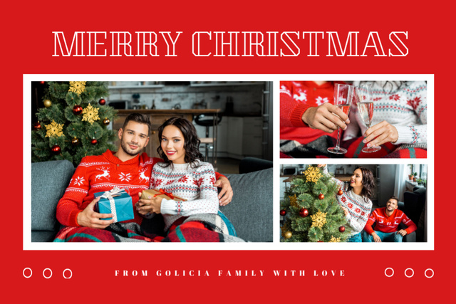 Modèle de visuel Gleeful Christmas Greeting Couple By Fir Tree In Red - Postcard 4x6in