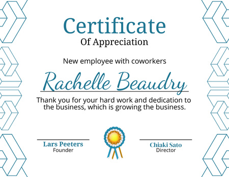 Award for New Employee and Coworkers Certificate Design Template
