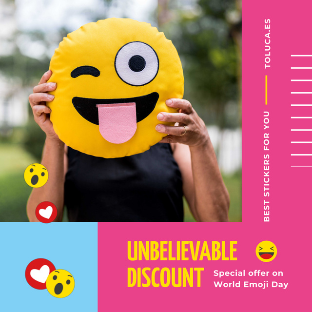 Platilla de diseño World Emoji Day Offer with Girl Holding Funny Face Animated Post