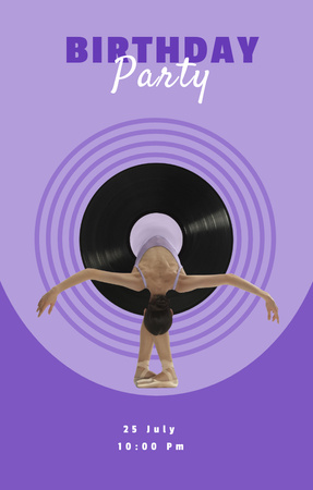 Platilla de diseño Birthday Party Announcement With Phonograph Record on Purple Invitation 4.6x7.2in