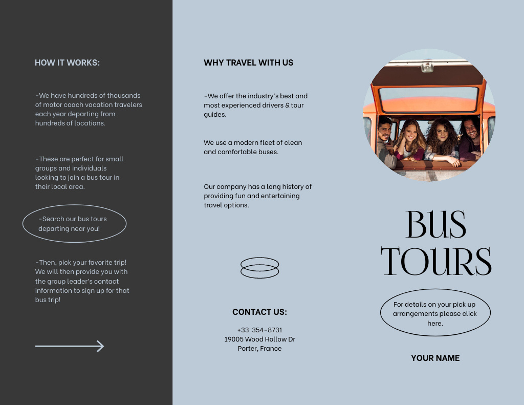 Idyllic Bus Travel Tours Offer With Friends Brochure 8.5x11in Z-fold Πρότυπο σχεδίασης