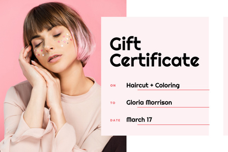 Účes Nabídka s dívkou s růžovými vlasy Gift Certificate Šablona návrhu