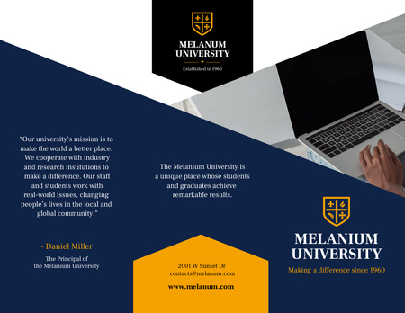 Designvorlage Universitäts-Werbebroschüre mit Studentin, die sich Notizen auf dem Laptop macht für Brochure 8.5x11in