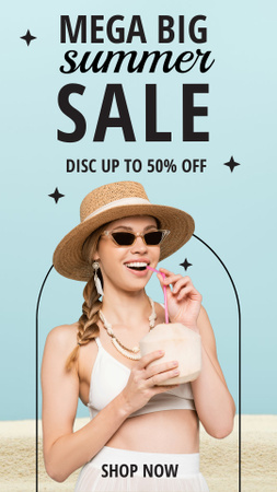 Summer Fashion Sale with Womаn in Sunglasses Hat with Cocktail Instagram Story Design Template