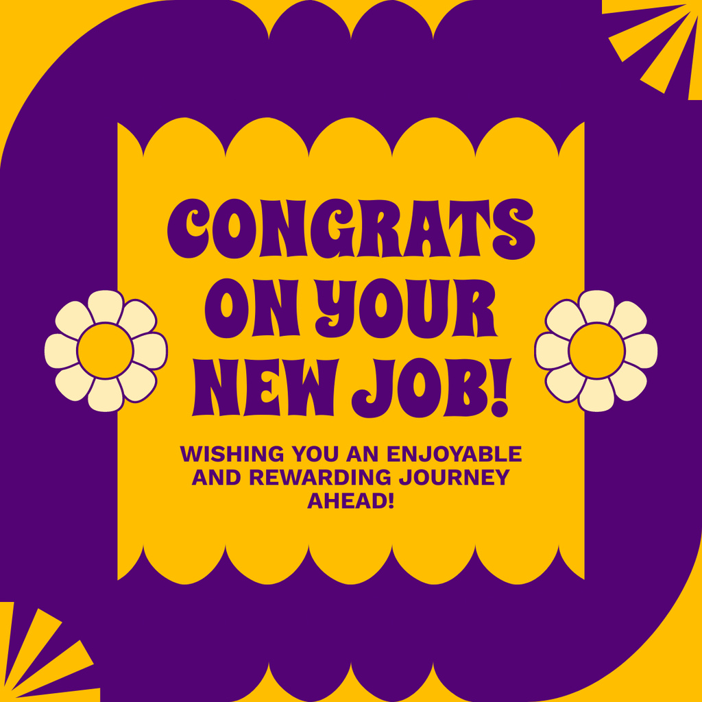 Text of Greetings for New Job on Purple and Yellow LinkedIn postデザインテンプレート