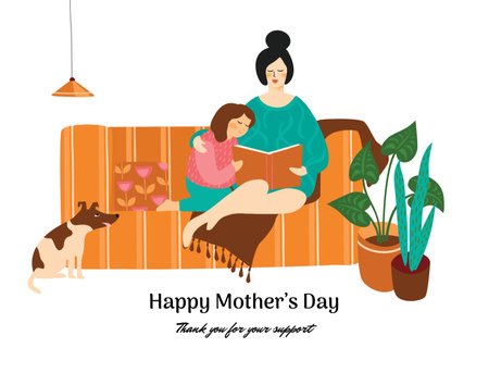 Mother's Day with Mother reading Book to Daughter Thank You Card 4.2x5.5in Design Template