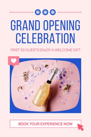 Plantilla de diseño de Gran celebración de inauguración con obsequio de bienvenida y champán. Pinterest 