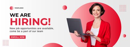 Announcement of Vacancies with Smiling Woman with Laptop Facebook cover Design Template