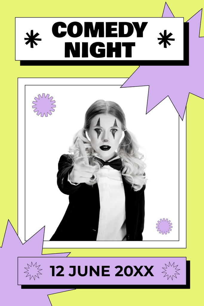 Designvorlage Comedy Show Promo with Woman in Bright Mime Makeup für Pinterest
