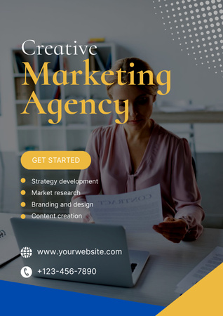 Marketingügynökségi szolgáltatás ajánlat fiatal szőke nővel Poster tervezősablon