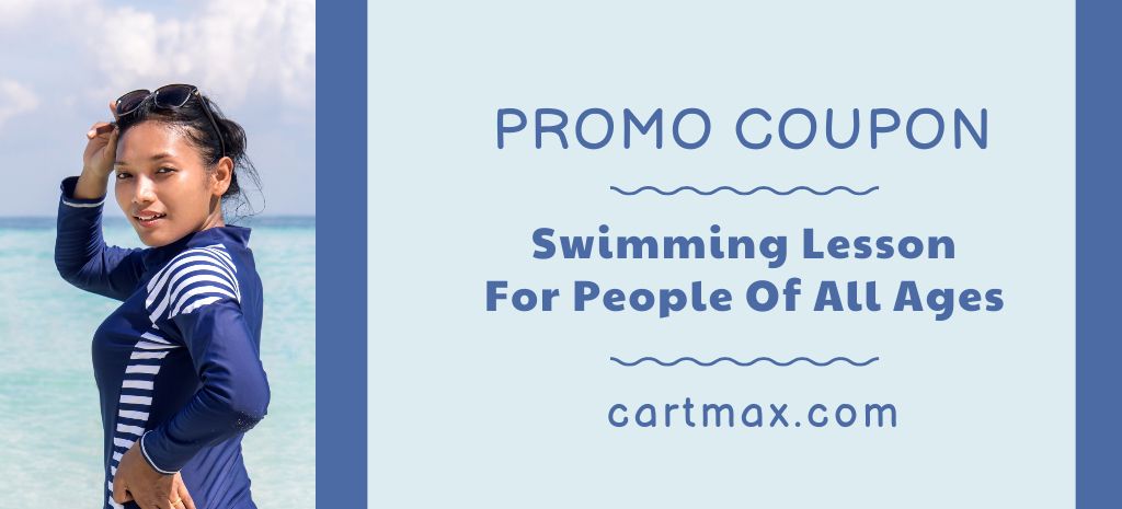 Ontwerpsjabloon van Coupon 3.75x8.25in van Swimming Lesson Ad with Woman on Ocean Beach