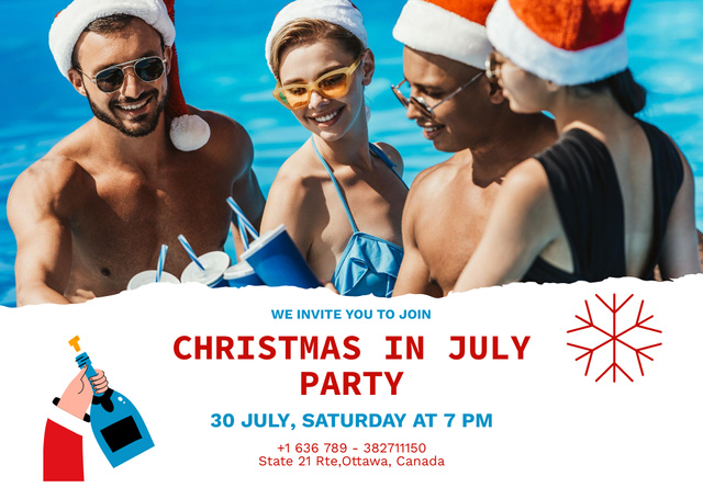 Ontwerpsjabloon van Flyer A6 Horizontal van Christmas Party in July with Bunch of Young People in Pool Celebrating