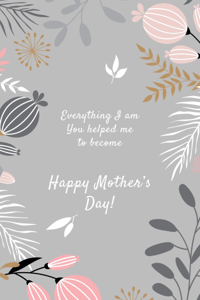 Happy Mother's Day Greeting With Floral Frame in Grey Postcard 4x6in Vertical Design Template