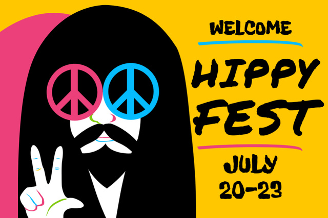 Designvorlage Awesome Hippy Festival Announcement In Yellow für Postcard 4x6in