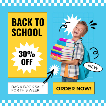 Discount Announcement with Cheerful Schoolboy with Books Instagram Design Template