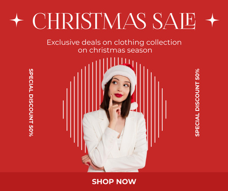 Ontwerpsjabloon van Facebook van Christmas Sale Offer Woman in Santa Hat