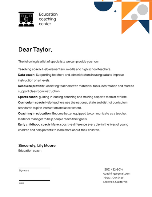 Education Coaching Center Letter List Of Specialists Letterhead 8.5x11in Design Template
