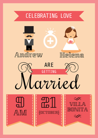 Wedding Invitation with Illustration of Groom and Bride Flyer A6 Tasarım Şablonu