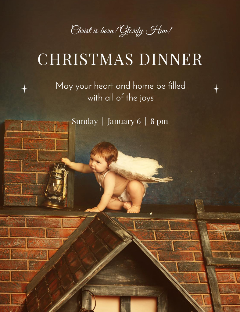 Platilla de diseño Orthodox Christmas Dinner Notification With Little Angel On Roof Invitation 13.9x10.7cm