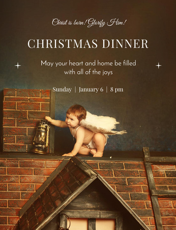 Ontwerpsjabloon van Invitation 13.9x10.7cm van Orthodox Kerstdiner Met Kleine Engel Op Het Dak