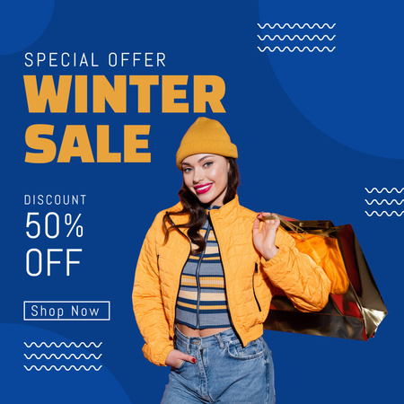 Winter Sale Special Offer with Brunette in Bright Jacket Instagram Design Template