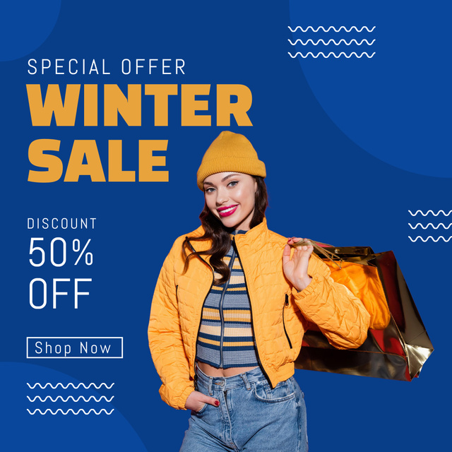 Szablon projektu Winter Sale Special Offer with Brunette in Bright Jacket Instagram