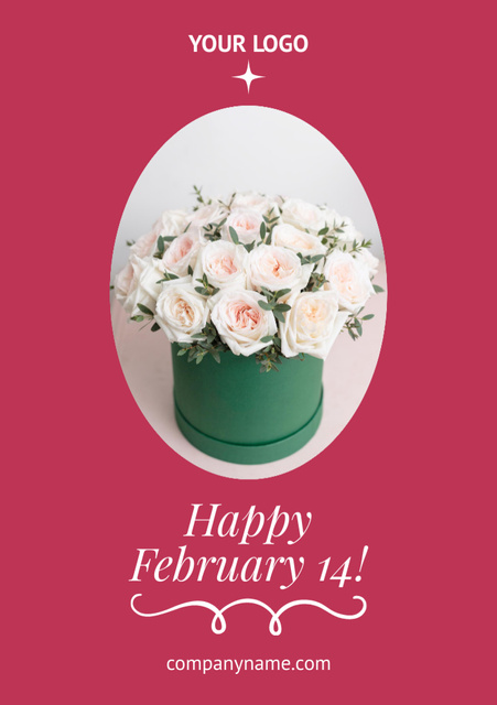 Valentine's Day Greeting with Tender Roses Bouquet in Box Postcard A5 Vertical Design Template