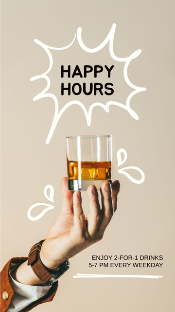 Alcohol Happy Hour Announcement with Glass in Hand Instagram Storyデザインテンプレート