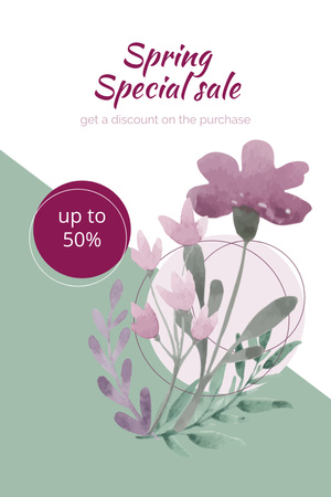 Ontwerpsjabloon van Pinterest van Aankondiging lente speciale verkoop met meisje met boeket bloemen