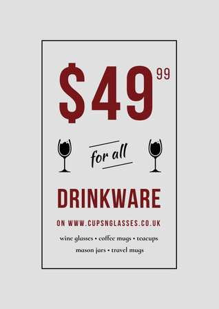 Drinkware Sale with Red Wine in Wineglass Poster Πρότυπο σχεδίασης