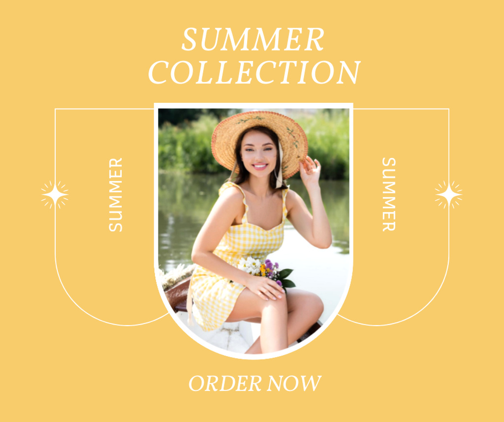 Sale Announcement of New Collection with Attractive Woman in Hat Facebook Design Template