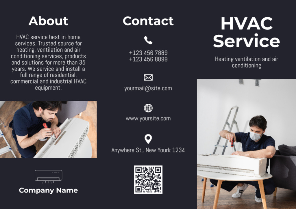 HVAC Services Information on Dark Blue Brochureデザインテンプレート