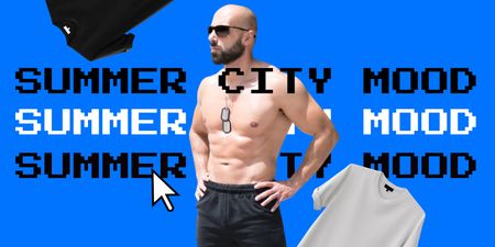 Summer City Mood with Funny Brutal Man in Sunglasses Twitter Design Template