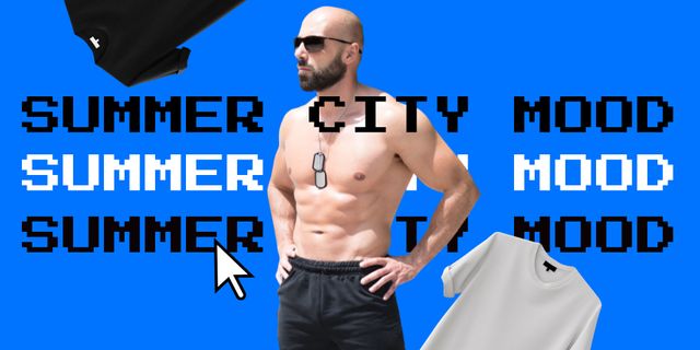 Summer City Mood with Funny Brutal Man in Sunglasses Twitter Design Template