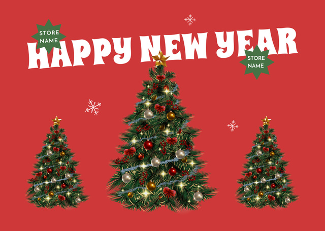 Happy New Year Greeting with Trees in Red Postcard Design Template