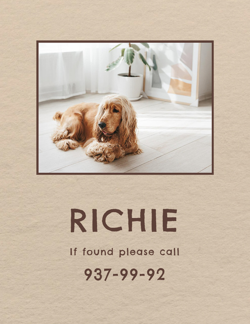 Lost Dog Announcement with Cute Cocker Spaniel on Beige Flyer 8.5x11in Design Template