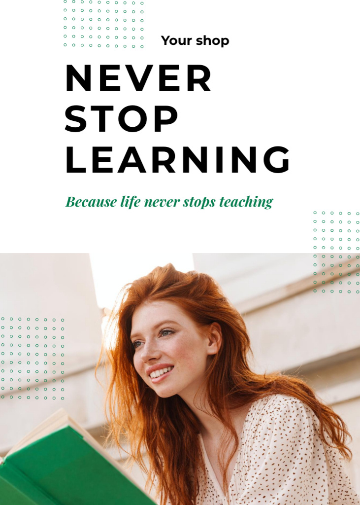 Ontwerpsjabloon van Postcard 5x7in Vertical van Wisdom About Learning With Woman Reading Book