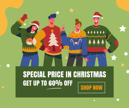 Designvorlage Glückliche Freunde in hässlichen Pullovern feiern Weihnachten für Facebook
