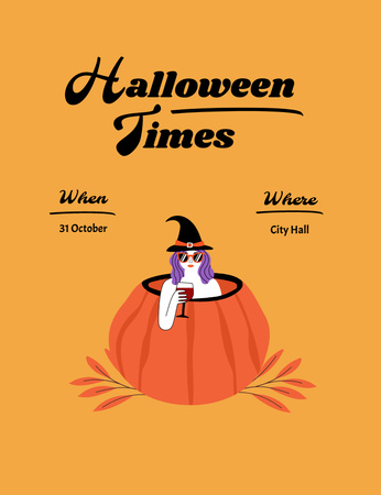 Plantilla de diseño de anuncio de celebración de halloween con bruja en calabaza Invitation 13.9x10.7cm 