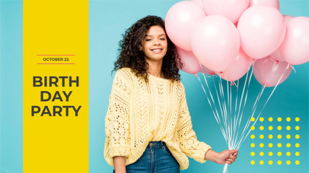 Modèle de visuel annonce de fête d'anniversaire avec fille tenant des ballons - FB event cover