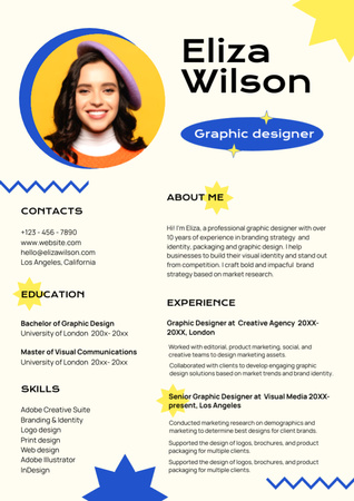 Designvorlage Fähigkeiten und Erfahrung eines Grafikdesigners mit leuchtenden abstrakten Formen für Resume