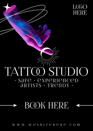 Divatos és biztonságos tetoválások művészektől előfoglalással Poster tervezősablon
