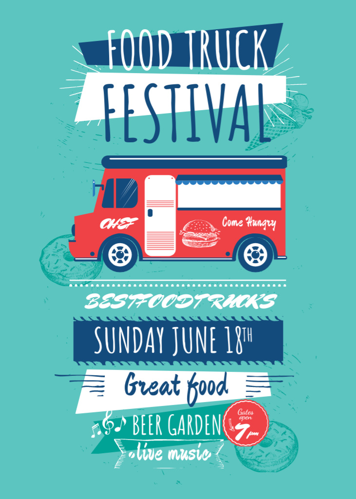 Food Truck Festival Announcement with Delivery Van Invitation Design Template